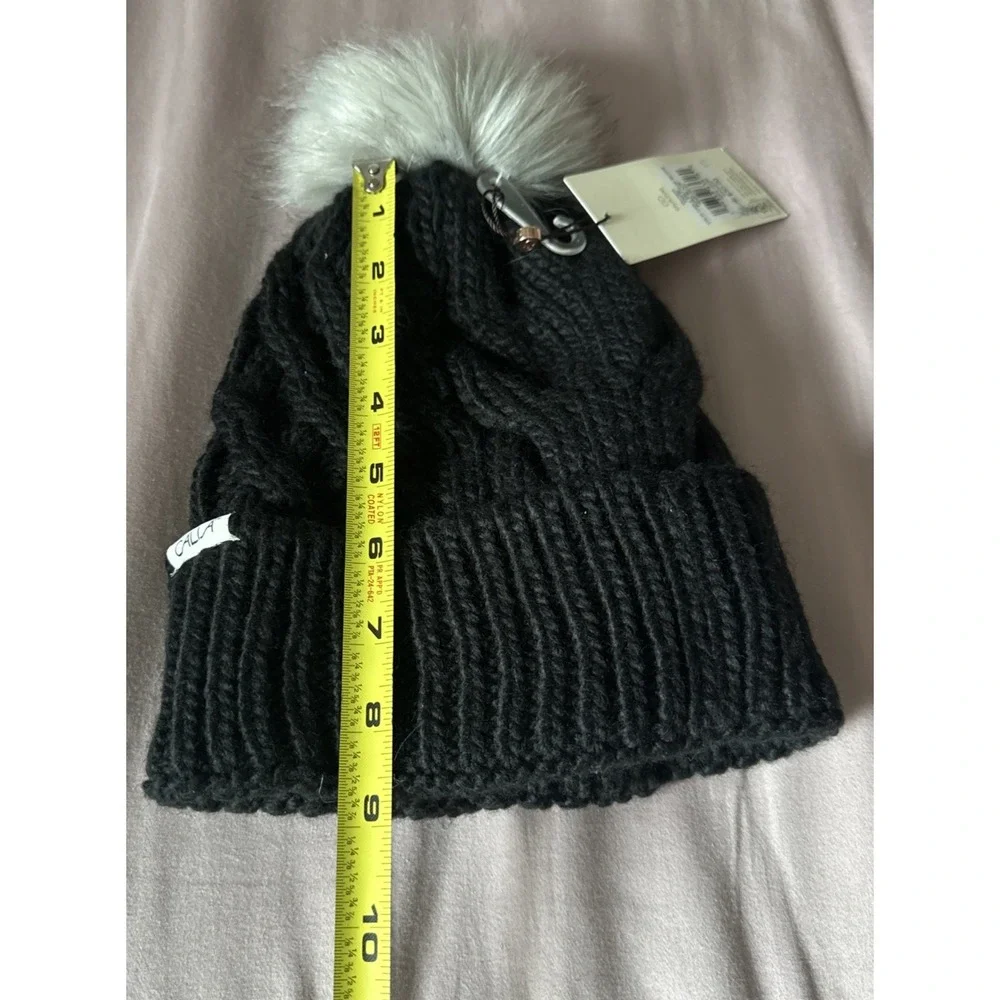 CALIA By Carrie Underwood Women O/S Cable Knit Beanie Faux‎ Fur Pom-Pom Black